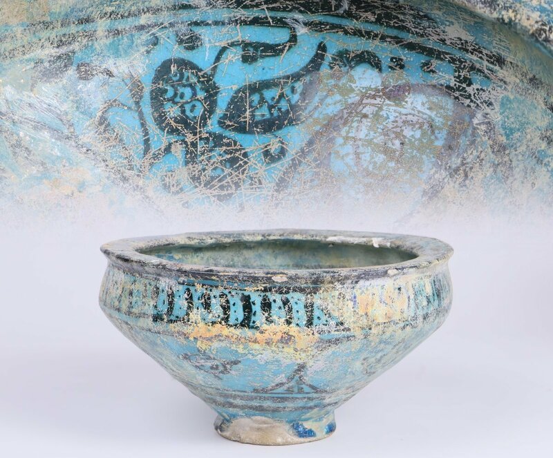 ペルシャ古陶 青釉花模様大鉢 12世紀 出土 仕立て箱 / 時代 土器 出土 発掘 銀化 ローマングラス