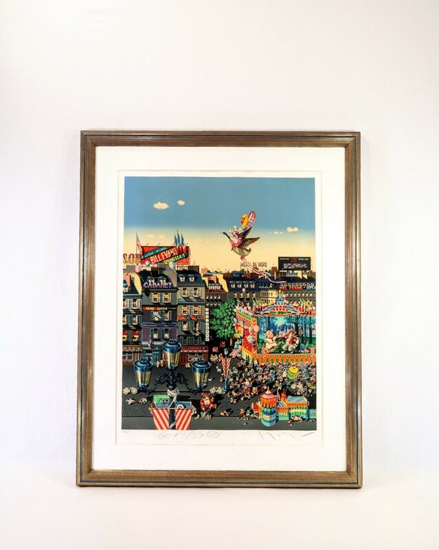 真作 ヒロ・ヤマガタ 1986年シルクスクリーン「ワンスアポンアタイム」画寸 56×71.5cm パリの街並みに人々と鵞鳥の背に乗り飛ぶ魔女 8519