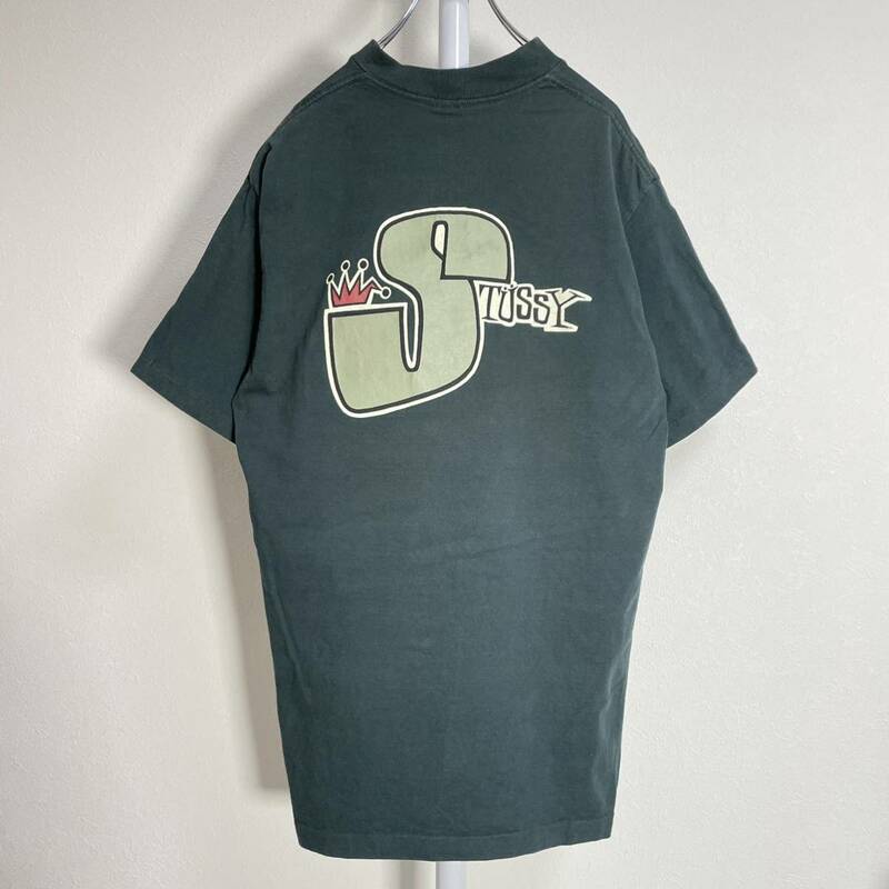 希少 80s USA製 黒タグ OLD STUSSY オールド ステューシー 折れクラウン S デカロゴ Tシャツ グリーン 古着 f394