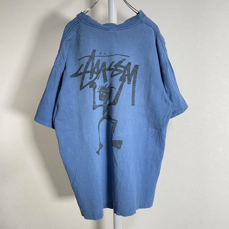 希少 80s USA製 黒タグ OLD STUSSY オールド ステューシー シャドーマン Tシャツ フェード ブルー 古着 f398