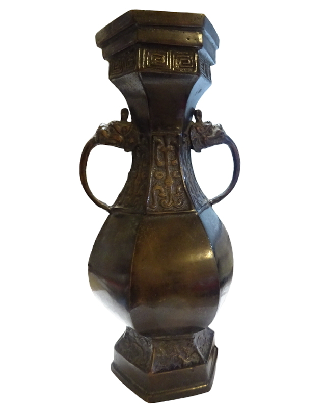 時代 古銅饕餮文花瓶 中国美術 朝鮮 日本 銅製 銅器 花入 花器 骨董品 美術品 古美術 時代品 古玩
