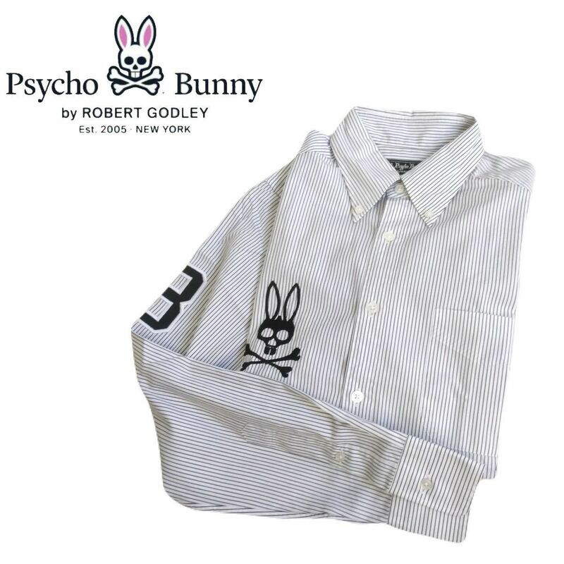 極美品 豪華刺繍 Psycho Bunny ビッグロゴ ストライプ ボタンダウン 長袖シャツ ドレスシャツ ワイシャツ メンズM サイコバニー 240252