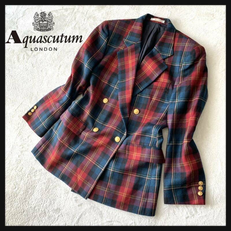 【美品】Aquascutum アクアスキュータム チェック ウール ダブル テーラード ジャケット 金ボタン 日本製