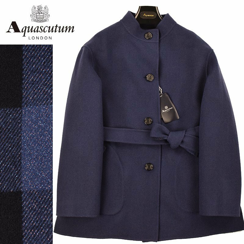 ◆Aquascutum アクアスキュータム◆定価 97,900円 チェックダブルフェイス リバーシブルコート 紺(サイズ8・9号) レディースコート