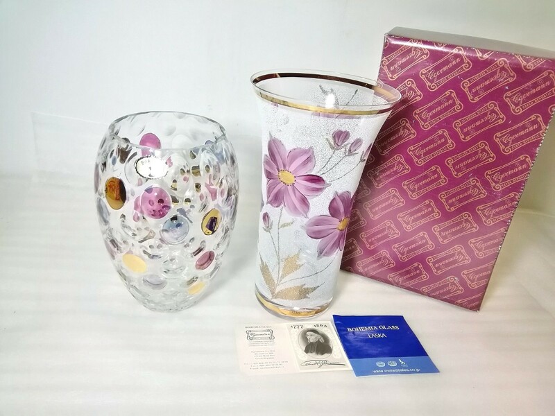  ボヘミア BOHEMIA クリスタルガラス 花瓶 花器 　水玉/花柄　金彩　2鉢セット　ガラス花瓶　 フラワーベース 　訳あり