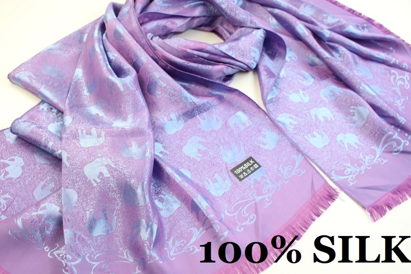 新品【SILK シルク100%】エレファント 象 ペイズリー柄 大判 薄手 ストール/スカーフ ライトパープル系 アイスブルー