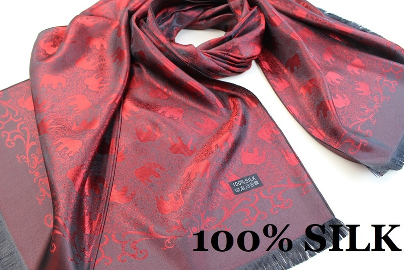 新品【SILK シルク100%】エレファント 象 ペイズリー柄 薄手 大判 ストール/スカーフ レッド系 ブラック