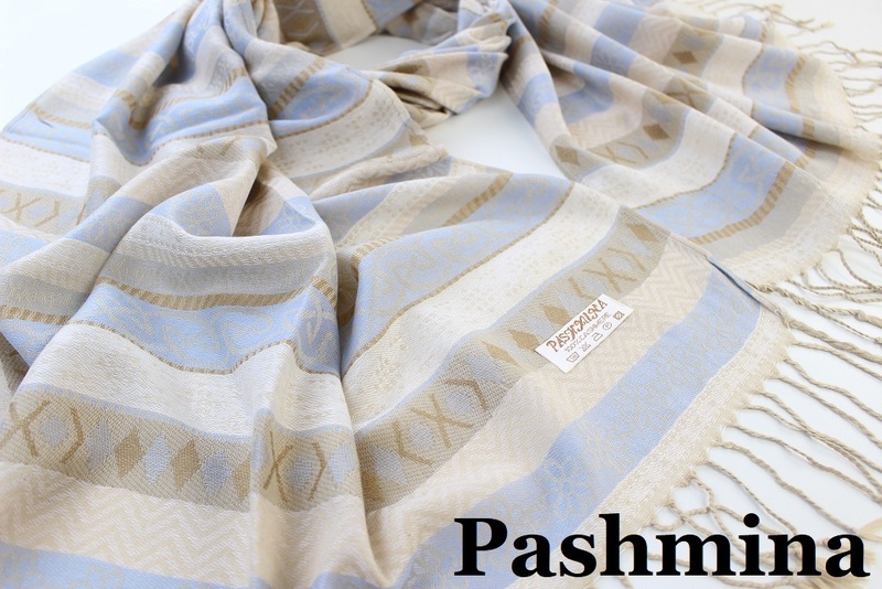 新品【Pashmina パシュミナ】フェアアイル柄 ボーダー 大判 中薄手 ストール アイスブルー系 ベージュ Cashmere カシミア100%