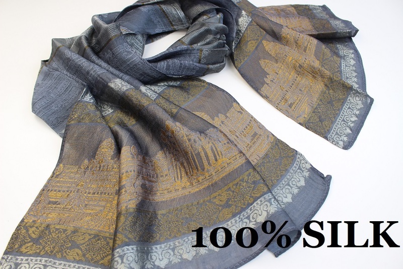 新品【SILK シルク100%】アンコールワット 幾何学柄 薄手 スカーフ/ストール チャコールグレー系 ゴールド ホワイト