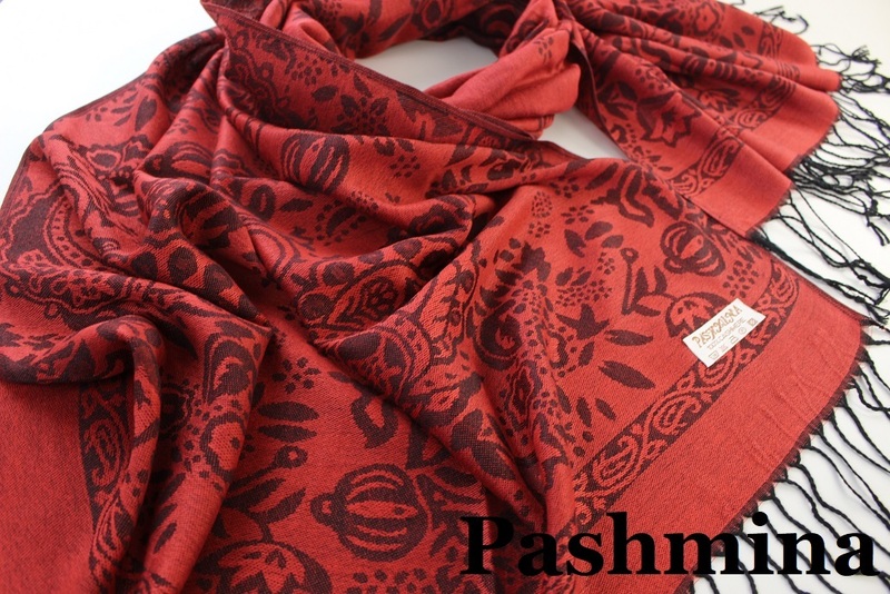 新品【Pashmina パシュミナ】ボタニカル 華 ペイズリー柄 中薄手 大判 ストール レッド系 ブラック Cashmere カシミア100%