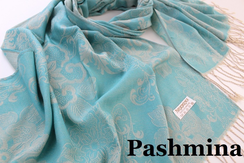 新品【Pashmina パシュミナ】フラワー 華 ペイズリー柄 中薄手 大判 ストール エメラルドグリーン系 ベージュ Cashmere カシミア100%