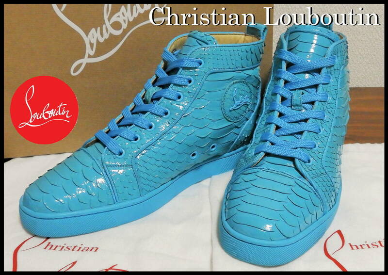 レア色 Christian Louboutin ルイスパイソン クリスチャンルブタン 水色 美品 メンズ ハイカット スニーカー 41 1/2 蛇革 スタッズ スワロ