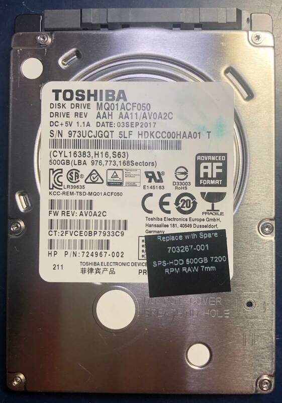 【中古ハードディスク】TOSHIBA　500GB CrystalDiskinfo「正常」判定！