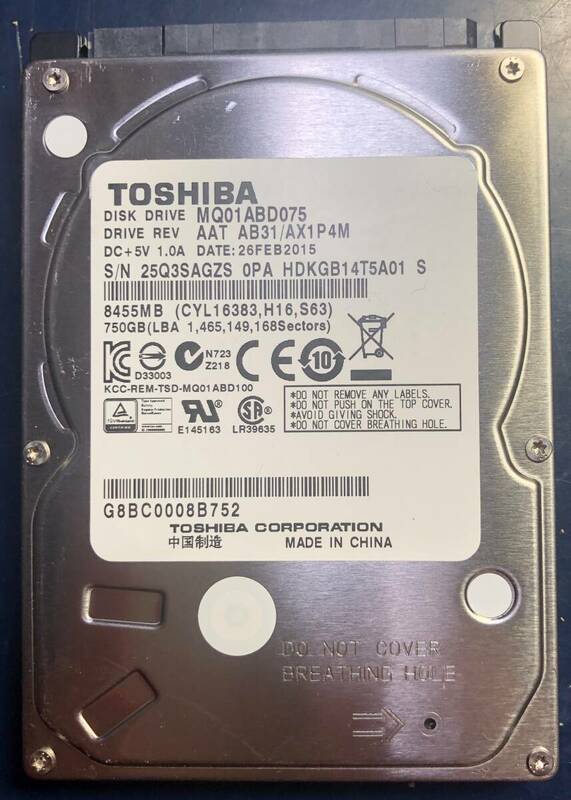 【中古ハードディスク】TOSHIBA　750GB CrystalDiskinfo「正常」判定