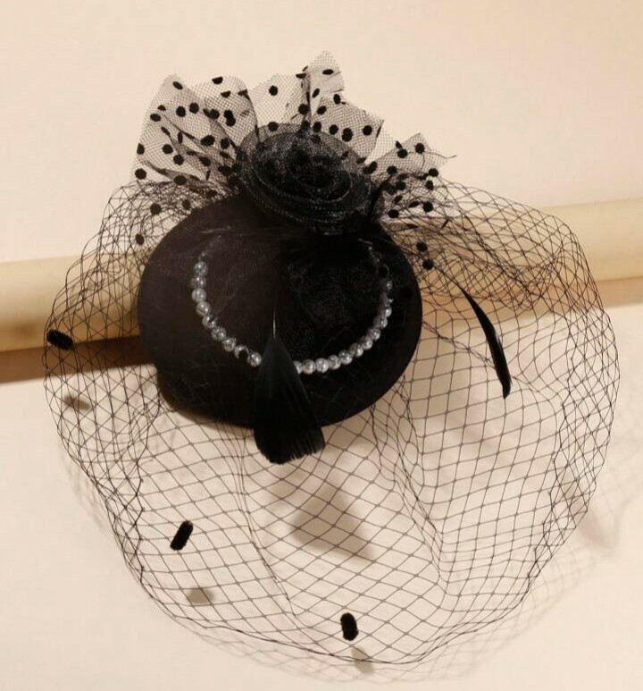 新品結婚式冠婚葬祭コスプレウエディングハットトーク帽子カクテル帽子ヘッドドレスベール黒ブラック6