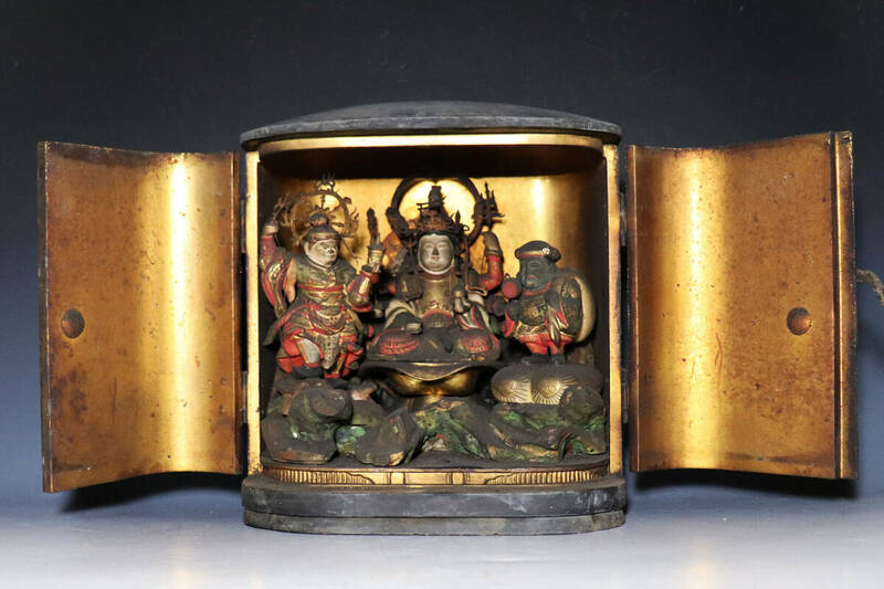 【福】仏教美術：木彫彩色三体仏像厨子入り　江戸期