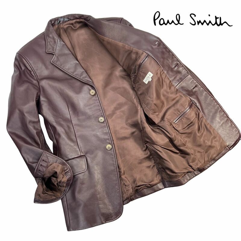 美品 Paul Smith LONDON ポールスミスロンドン 3Bレザーテーラードジャケット サイズL ブラウン ボルドー 美シルエット 上質レザー A2147