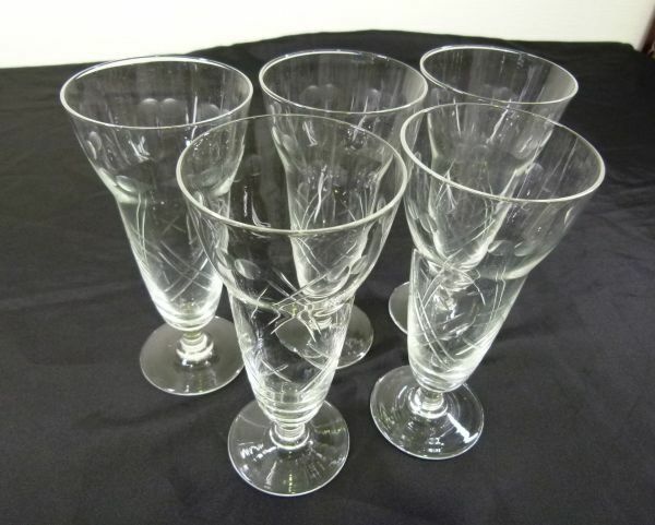 [IM] 昭和初期　グラス　5客 セット　足つき　台付き　ジュースグラス　ゴブレット　 泡ガラス　レトロ　ガラス