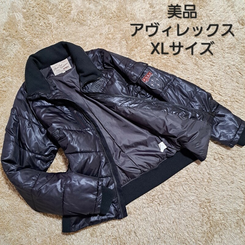 美品　AVIREX アヴィレックス　中綿入 XLサイズ フライトジャケット 収納フード 中綿ジャケット　大きいサイズ　ワッペン　ma-1　黒　