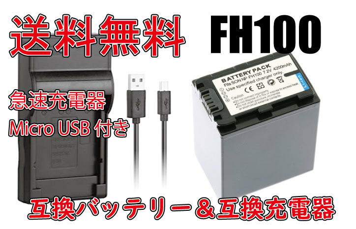 送料無料 バッテリー＆充電器 SONY ソニー 急速充電器 NP-FH100 Micro USB付き AC充電対応 シガライター充電対応 互換品