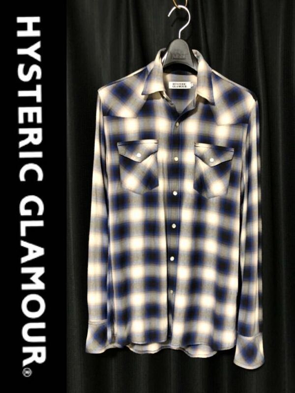 正規 HYSTERIC GLAMOUR 2008-2009AW レーヨン オンブレチェックシャツ ブルー ヒステリックグラマー Blue rayon100% size M★
