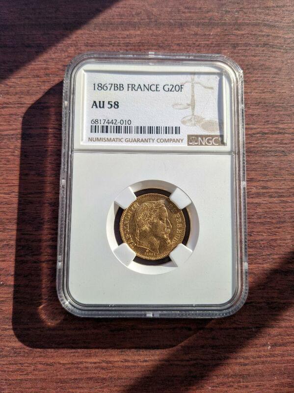 1867年 フランス 20フラン金貨 ナポレオン NGC AU58 アンティークコイン