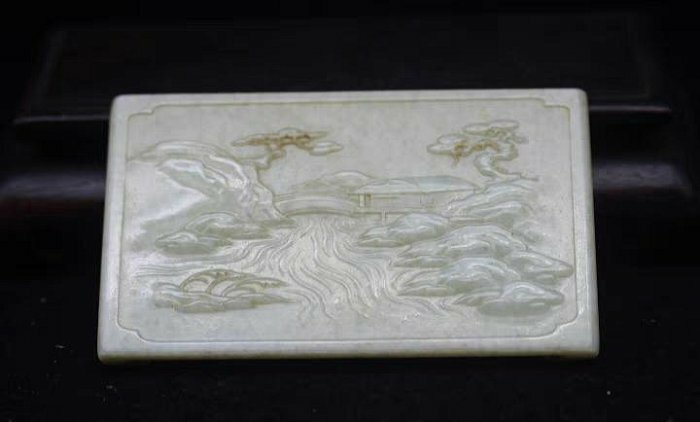 中国文物 古玉 収集家の放出品 砡 清代山水紋玉墨床 