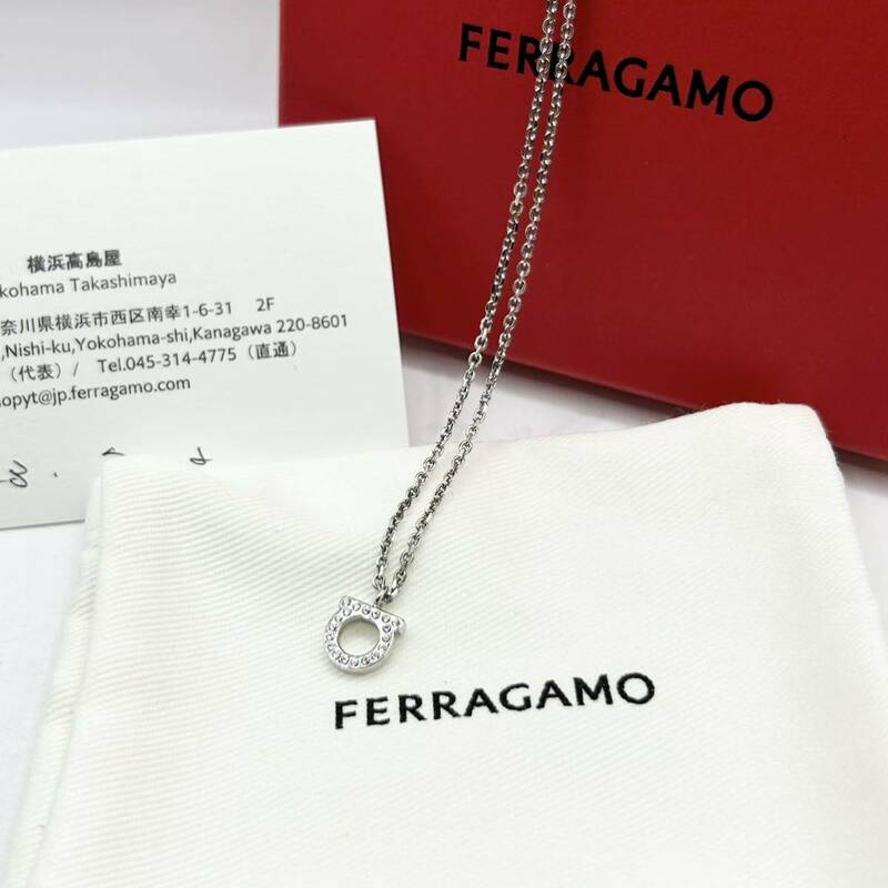 極美品 FERRAGAMO フェラガモ ネックレス ガンチーニ クリスタル シルバー