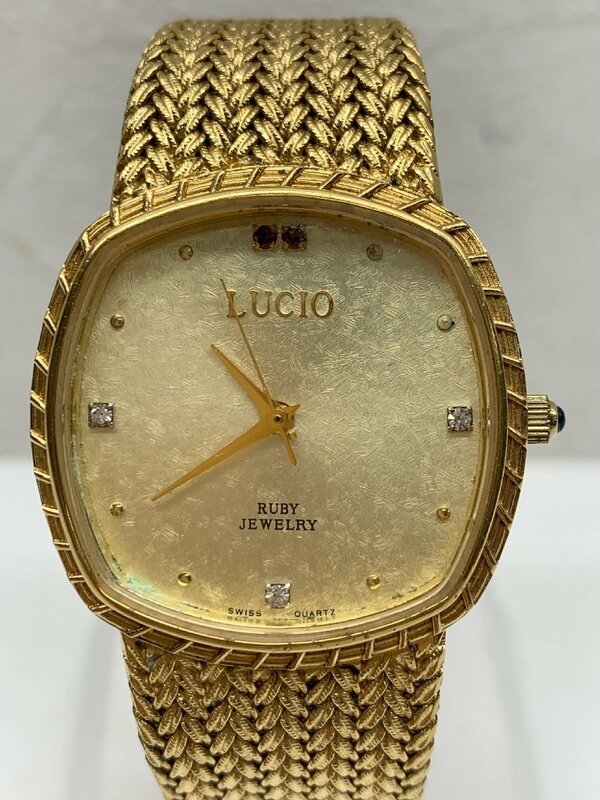 【稼働品】LUCIO ルシオ G-106 クォーツ QZ 3針 アナログ 腕時計 ゴールド文字盤 純正ベルト 電池交換済み