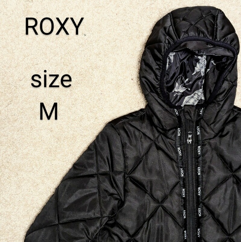 ★美品★ROXY　ロキシー　コート　ジャケット　ポリエステル　ブラック　膝丈　M　レディース　婦人服　ブルゾン フーディ―　カッコイイ