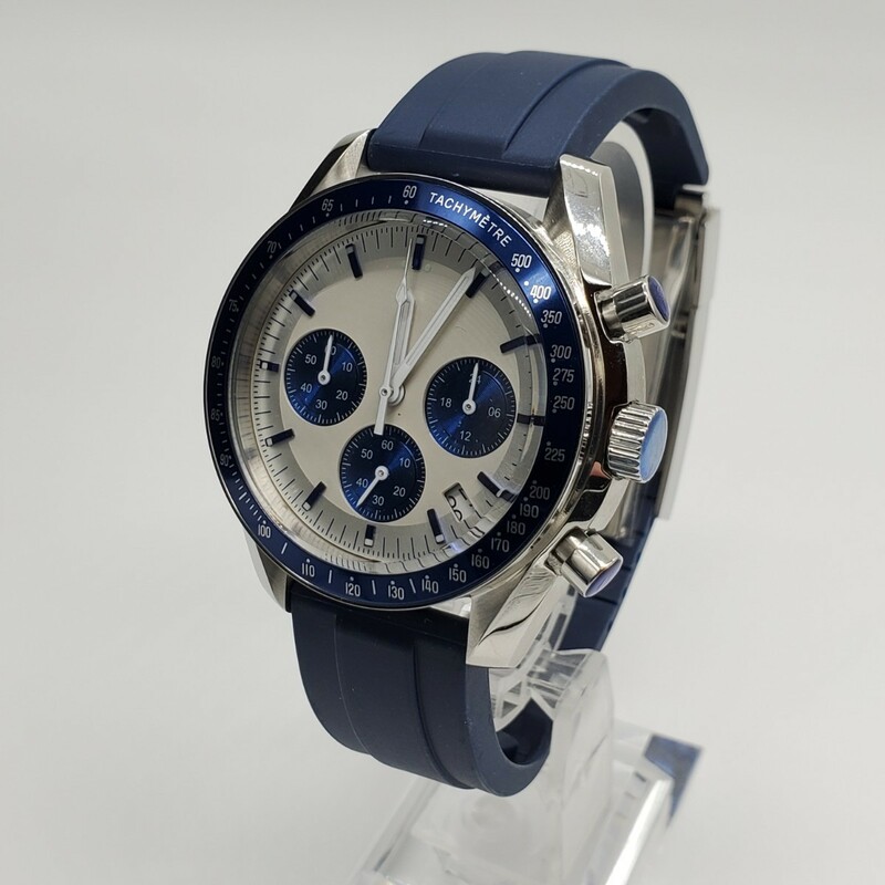 新品 BLIGER ノーロゴ クロノグラフ ブルー 青 VK63 メンズ腕時計 ラバーストラップ