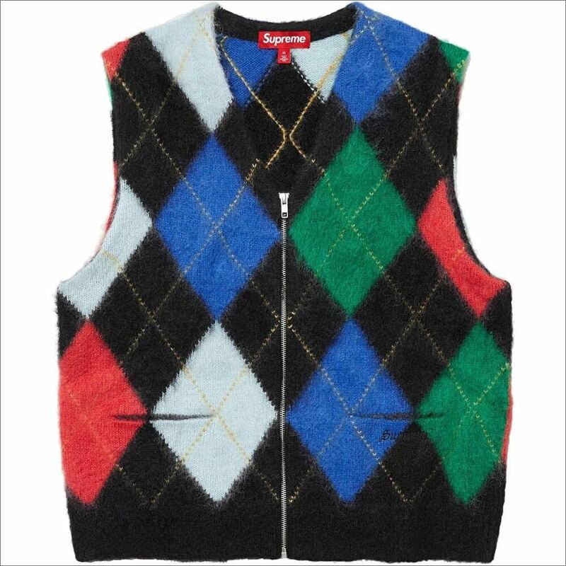 送料無料 黒 XL Supreme Brushed Argyle Zip Up Vest Black 24SS シュプリーム モヘア アーガイル ジップアップ ベスト Box Logo 新品