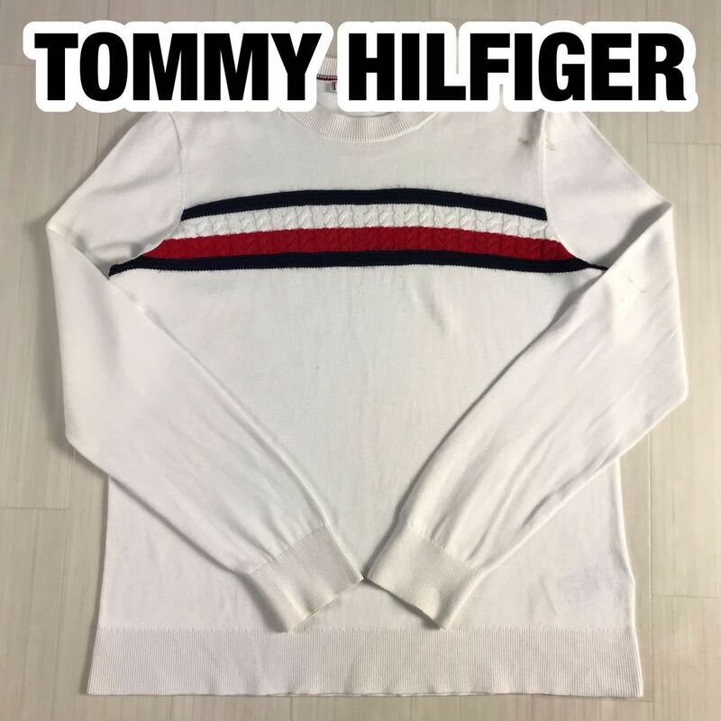 TOMMY HILFIGER トミー ヒルフィガー コットンニット ケーブルニットデザイン セーター M ホワイト×レッド×ネイビー 刺繍ロゴ