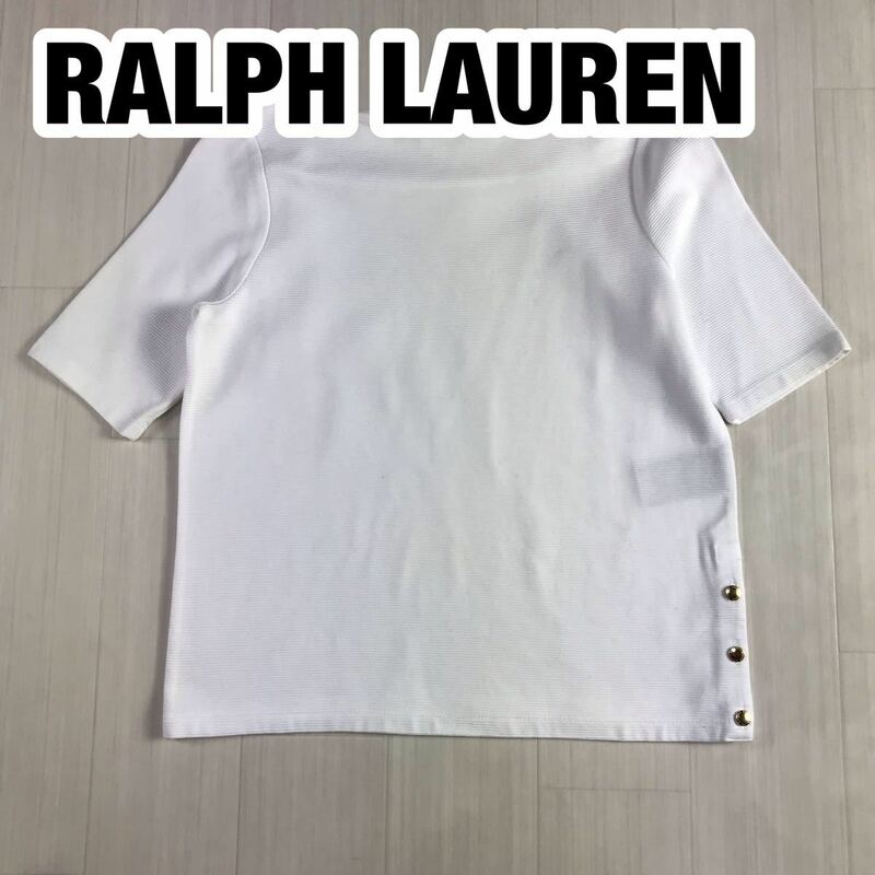 LAUREN RALPH LAUREN ローレン ラルフローレン デザインTシャツ 半袖 XS 155/80A ホワイト ゴールドボタン 刻印ロゴ