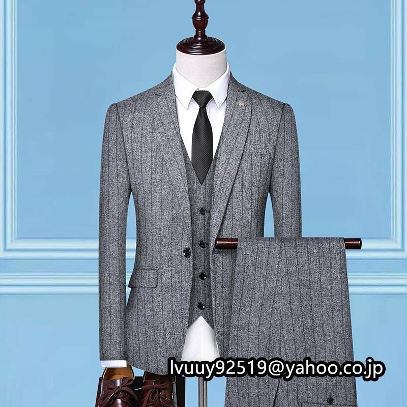 メンズ ビジネススーツ スーツセットアップ 3点セット スラックス テーラードジャケット ベスト パンツ 色/サイズ選択可 グレー