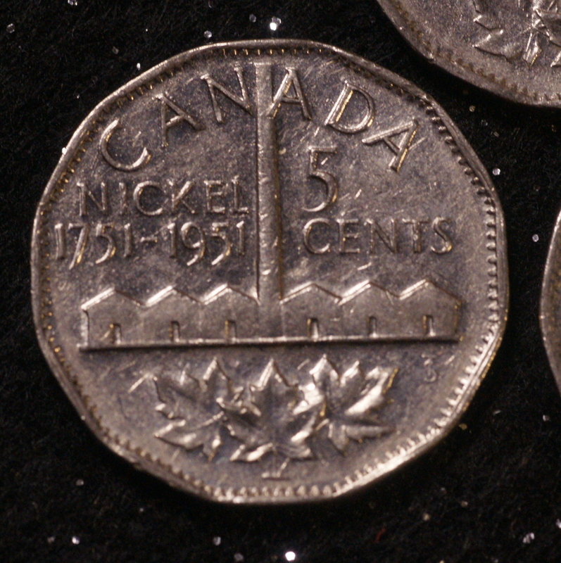 ★カナダ1951年 5セントx1枚★ニッケル発見200周年記念5硬貨コイン 21.23mm★おまとめ推奨★