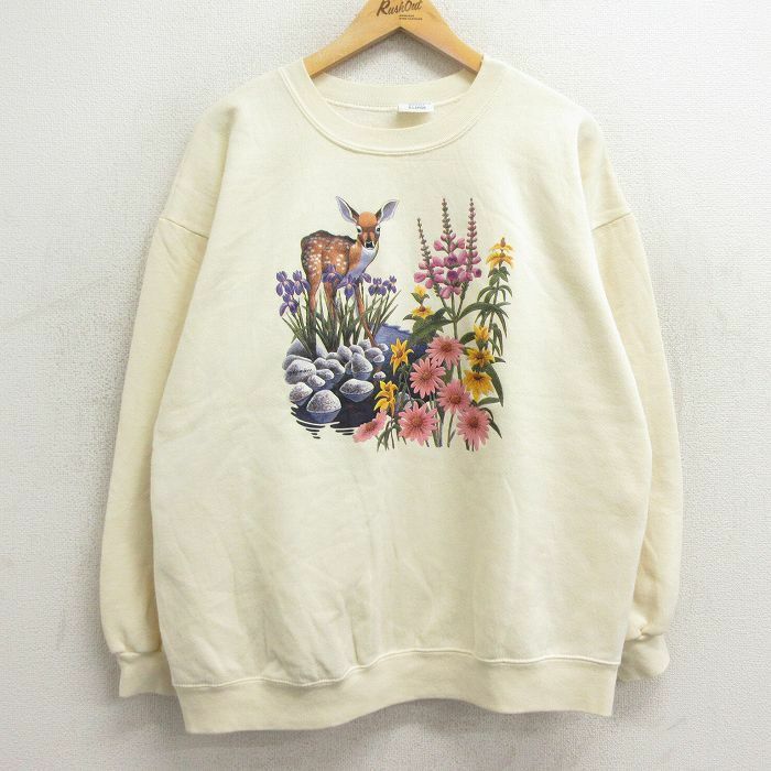 XL/古着 長袖 スウェット メンズ 90s シカ 花 クルーネック 薄黄 イエロー 24feb08 中古 スエット トレーナー トップス