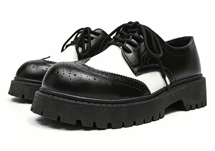 新品 27cm ウイングチップ 厚底シューズ フェイクレザー 2838 黒×白 ブラック ホワイト ツートン ブローグ メダリオン ロカビリー 靴