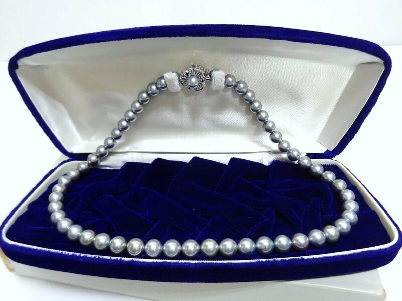 真珠ネックレス パールネックレス 約8.0ｍｍ～8.2mm玉 45.5cm K14WG刻印 グレー Pearl Necklace ☆P