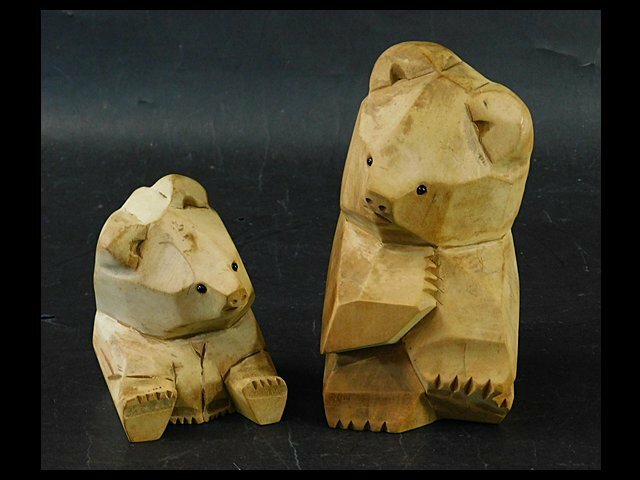 大和彫(大和正幸)木彫 ガラス目 熊 親子 2体 置物 北海道民芸 OK4908