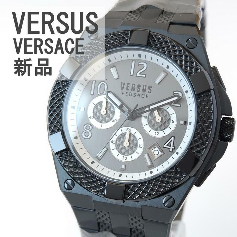 ブラック新品メンズ腕時計VERSUS VERSACEかっこいいおしゃれグレイフェイス黒クロノグラフ日付カレンダー箱付 人気デザイン