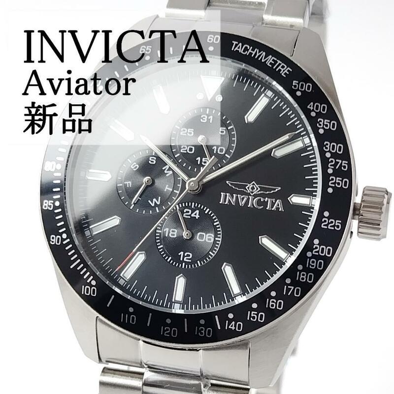 ブラック/シルバー新品インビクタ アヴィエイター45mmメンズ腕時計クォーツ電池式INVICTAかっこいい黒シンプル