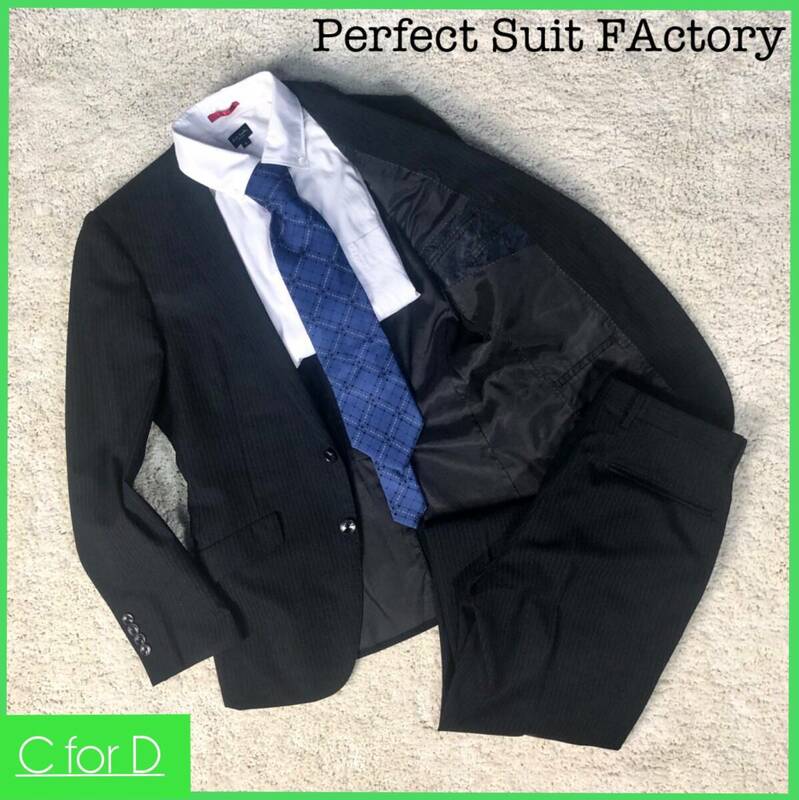 ★Perfect Suit FActory★Y5(Mサイズ相当) パーフェクトスーツファクトリー メンズ 濃紺 ネイビー セットアップスーツ ストライプ 総裏J123