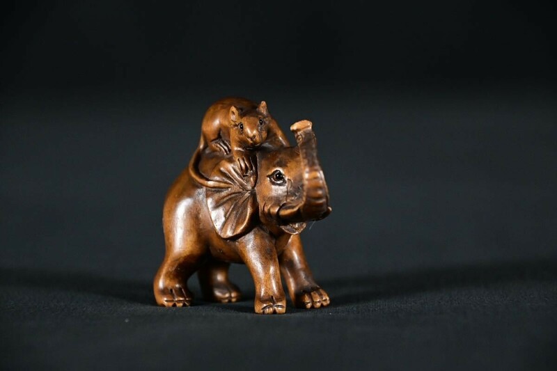 【古美術】像 鼠 根付 Netsuke 精密 彫刻 超絶技巧 彫塑 提げもの 提物 形彫 ぞう ねずみ ゾウ ネズミ