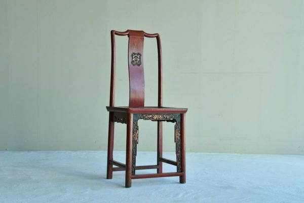 【古美術】蓮華草紋 彫刻 ダイニングチェア 無垢材 ヴィンテージ 家具 Chair 朱漆 アンティーク 古家具 椅子