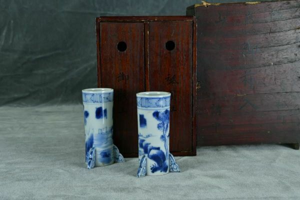 【古美術】有田焼 古玩 染付 花瓶 線香立 二重箱 仏教 宗教 古陶磁