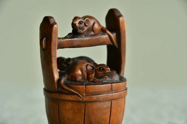 【古美術】鼠 樽 根付 Netsuke 精密 彫刻 超絶技巧 黄楊木 古玩 骨董