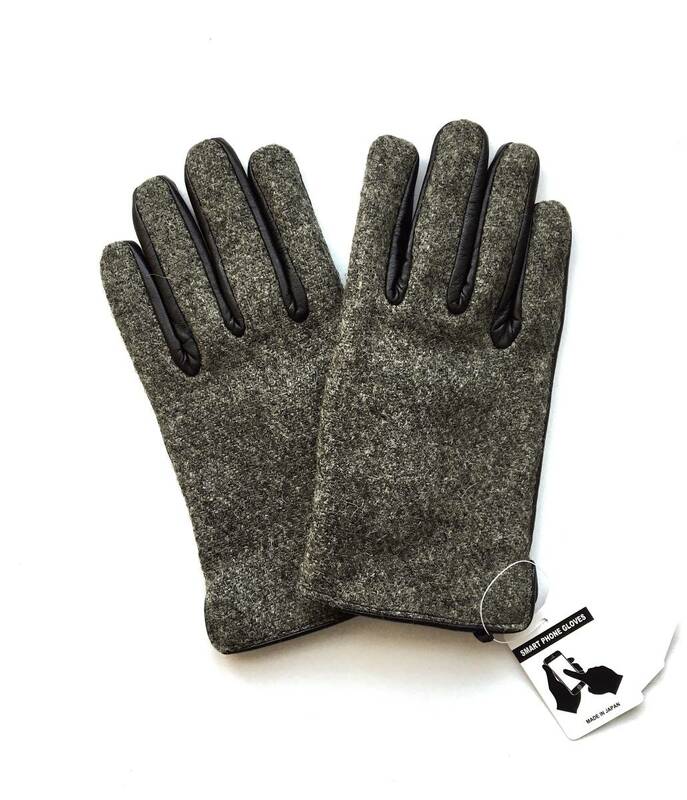 新品 秋冬 SMART PHONE GLOVES 25cm グローブ 手袋 ウール 羊革 カーキ グレー 日本製