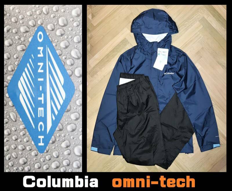 送料無料 即決【未使用】 レディース Sサイズ ★ Columbia omni-tech レインスーツ ★ コロンビア 雨具 セパレート 上下 アウトドア 紺 