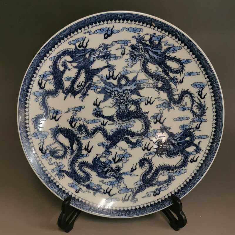 【萬藏】中国美術 青花 飾り皿 五龍盤 飾皿 大皿 大清乾隆年製款 飾皿 